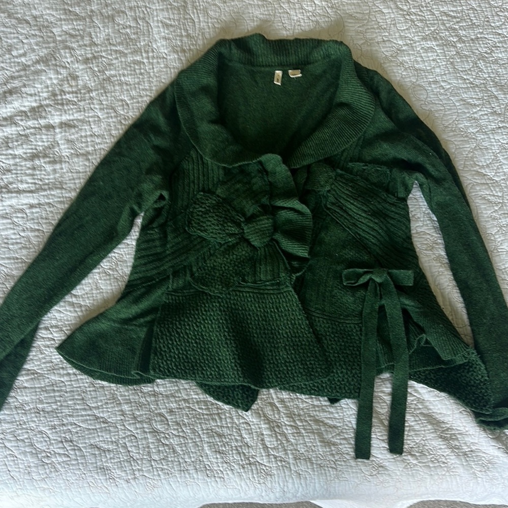 Anthropologie Green Cardigan with Peplum Ruffle